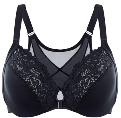 Delimira Women's Front Fastening Bras Posture Lace Underwire Unlined Full Coverage Plus Size Black 46F