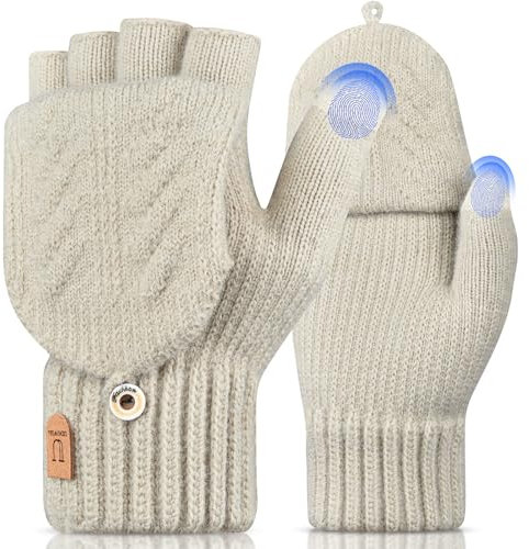 UKNOWISA Fingerlose Handschuhe Thermo Winterhandschuhe Handschuh-Klappe Touchscreen Laufen Radfahren Fahren für Herren und Damen (BEIGE)