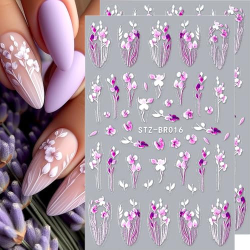 4 Blätter Blume Nagelsticker Selbstklebend Glyzinie Blumen Nail Sticker Lila Blüten Blütenblatt Nagel Sticker Flower Nail Stickers 3D Floral Nails Stickers Nagel Deko Nageldesign Zubehör Nailart
