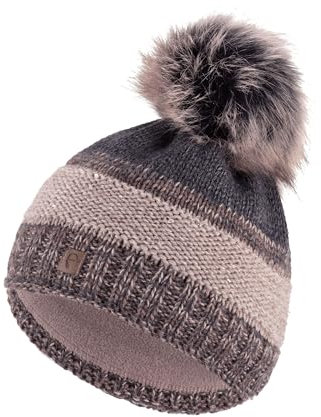Damen Strickmütze Kunstfell-Bommel Thermo-Fleece Elastisch Warme Beanie Wintermütze, Farben:Braun, Größe:One Size