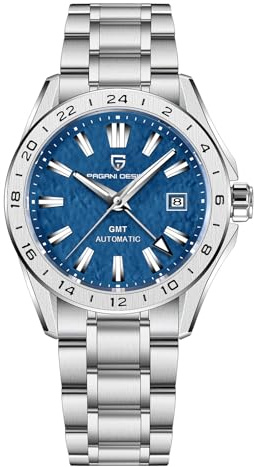 Pagrne Design Orologio automatico GMT da uomo Meccanico Vetro zaffiro Lunetta fissa 100 Metri Orologio sportivo da uomo luminoso in acciaio inossidabile impermeabile