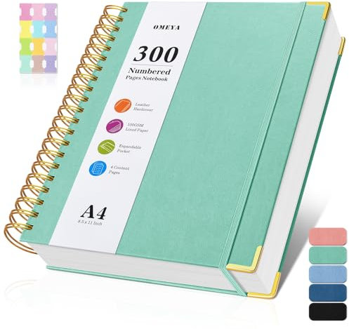 Notizblock, Notizbuch A4 Liniert, Notizbücher mit 300 Nummerierten Seiten, 100GSM Dickes Notizheft, Hardcover Leder spiralbindung Journal für Frauen und Männer, Großes Notizbuch für Arbeit Büro Schule