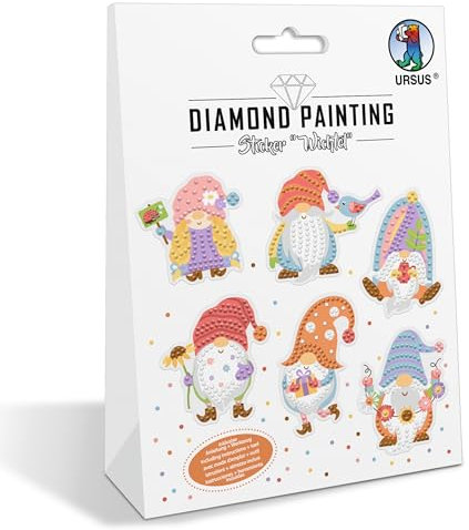 Ursus 43490004 - Diamond Painting Sticker Wichtel, Aufkleber mit verschiedenen Designs, Bastelset mit 2 Stickerbogen und passendem Werkzeug, 15 x 10 cm
