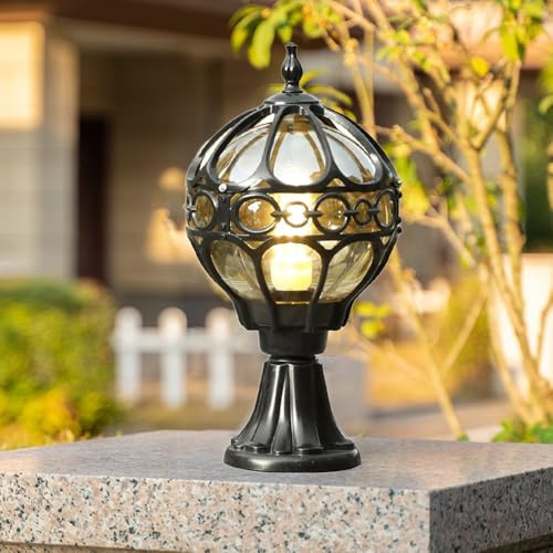 XINYASEE Retro Außenleuchte für Pfosten, Wasserdichte Laterne mit Glaskugel, Vintage Gartenleuchte für Terrasse, Hof und Eingang, Schwarz/Gold (Schwarz)
