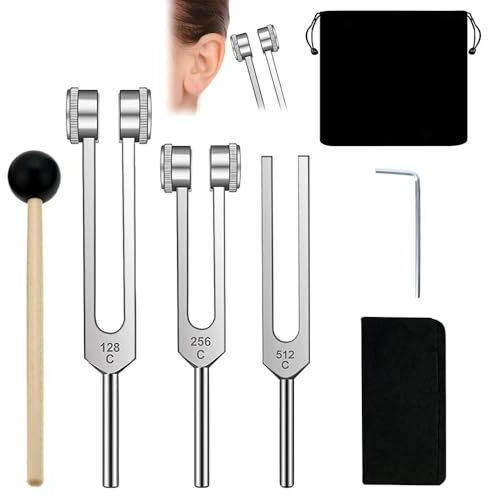 SKIKHN Ensemble de Diapasons, 128 Hz, 256 Hz, 512 Hz Diapason Therapeutique, Diapason Offre une Réponse Fréquence, avec un Marteau en Silicone, pour musiciens, thérapeutes et éducateurs