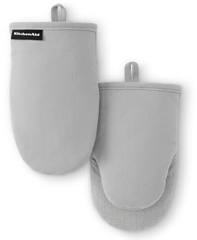 KITCHENAID Gourmet Series Gridlines Mini Oven Mitts 2-Pack Set, Heat Resistant up to 600°F, Soft Silicone Grip, Magnetic Cuff, Matte Grey, 5.5x9