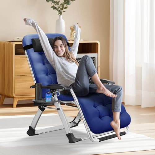 MOPHOTO Zero Gravity Liegestuhl, Gartenliege klappbar, 200 kg Traglast zusammen mit Polster und Seitentasche, perfekt für Nickerchen, Relaxliege, Gartenliege, Balkonliege, Terrassenstuhl(Blau)