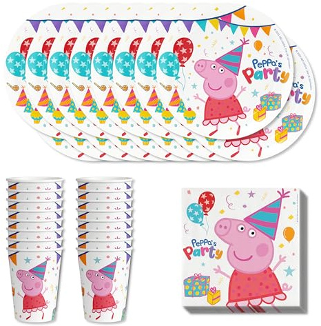 Anila's Party Set Peppa Pig, 52-Piece Set, Plates, Cups, Napkins, Disposable Tableware, Tableware Set.