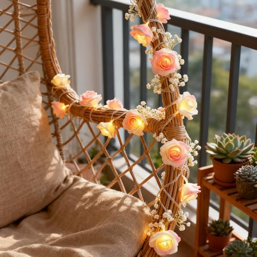 DAJASD 1.5M 10 LED Rosen Lichterkette, LED Künstliche Rosen Lichterkett, Lichterkette Blumen Batteriebetrieben Lichterkett Schlafzimmer für Party, Garten, Weihnachten, Hochzeit (Warmweiß, Rosa)