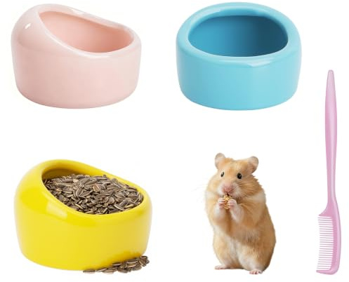 3 stycken trefärgade hamster skål hamster keramiska matskålar, små djur keramisk vattenskål för marsvin racingmöss papegojor fåglar med rengöringsborste