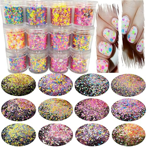 NEON Mattes Chunky Glitzer Flakes–12 Farben für Nagelkunst & Basteln | Lösungsmittelbeständige Hexagon-Glitzerflakes, für Nagelstyling, Basteln, DIY-Projekte, 6 ml pro Farbe