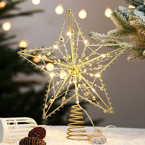Kaleora Weihnachtsbaumspitze Stern, 20x25 cm Gold Christbaumspitze Stern mit 10 LED, LED-Lichter Spitze Weihnachtsbaum, Weihnachtsbaum Topper für Tannenbaum Weihnachtsbaumdeko Weihnachtsdeko