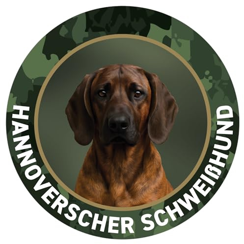 Hannoverscher Schweißhund Jagdhund Premium Hunde Aufkleber für Auto, Pkw, Kfz, Kofferraum oder Autoscheibe - mit Hunde und Jagdhundemotiven, Ø 10 cm - Made in Germany