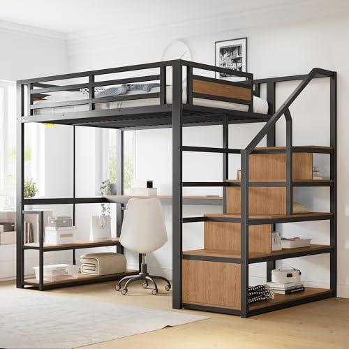 odikalo Lit Mezzanine 140x200cm, Cadre de Lit avec Bureau, étagères Ouvertes, Escalier, Lits pour Enfant avec Barrières de Sécurité, sans Matelas, Noir + Couleur Bois
