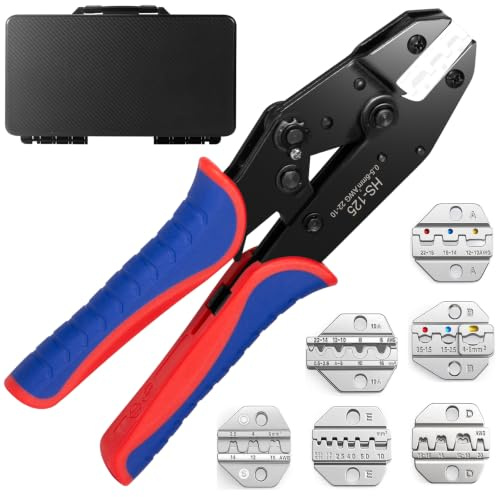 6-teilig Crimpzange Set Wechselbacken, für isolierte & nicht isolierte Kabelschuhe, Schrumpfschläuche, Aderendhülsen, Ratschen-Crimpzange ideal für Elektroarbeiten, Heimwerkerprojekte