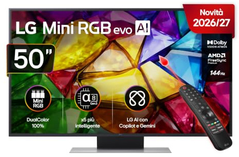 LG Mini RGB 50 Pollici, Serie MRGB87 2026 Smart TV 4K - 50MRGB87B6B | RGB Primary Color Pro, DualColor 100% DCI-P3/Adobe RGB, Dolby Vision & Atmos, WebOS con Gemini, Motion Booster 288