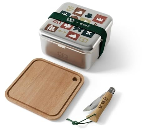 monbento - Kit Comida Origines - Lunch Box Acero Inoxidable + Cuchillo Opinel + Tabla de Madera - Robusta y Hermética - Ideal Picnic - Microondas, Horno y Lavavajillas - Sin BPA