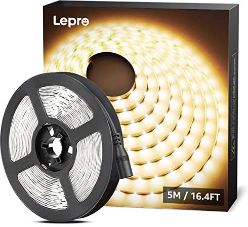 Lepro LED Strip Warmweiss, 5M LED Streifen 12V Selbstklebend, Band mit 300 Stück 2835 LEDs 2300 Lumen, 3000K Warmweiß Leiste, Weiß DIY Lichtband für Innen Heim Küche Deko, kein Netzteil