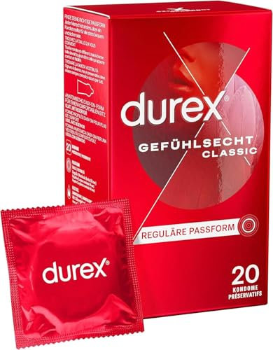 Durex Gefühlsecht Classic Kondome – Dünne Kondome mit anatomischer Easy-On-Form & mit Silikongleitgel befeuchtet – 20er Pack