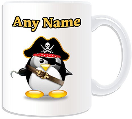 UNIGIFT Personalisierbares Geschenk – Piratenkapitän Tasse (Pinguin im KostümDesign, weiß) Name Nachricht einzigartig lustig Neuheit Karibik Jack Sparrow Hut Kappe Schatz Augenklappe Augenpolster