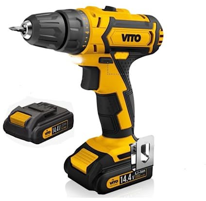 VITO - Perceuse Visseuse sans Fil 14.4V 2 Batteries Lithium 2 Ah Charge Rapide 1h Léger 1.14 kg Double Vitesse Perçage/Vissage Mandrin 10mm Kit 13 Accessoires