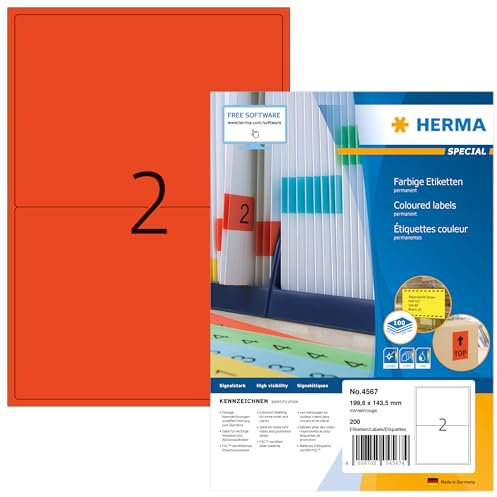 HERMA 4567 Farbige Etiketten rot, 100 Blatt, 199,6 x 143,5 mm, 2 pro A4 Bogen, 200 Stück, selbstklebend, bedruckbar, matt, blanko Papier Farbetiketten Aufkleber
