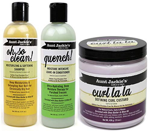 Aunt Jackie‘s Curls & Coils | 3er-Set | Shampoo „Oh So Clean“, 355ml | Definierende Lockencreme „Curl La La“, 426 g | Leave-In-Spülung „Quench“ für intensive Feuchtigkeit, 355 ml