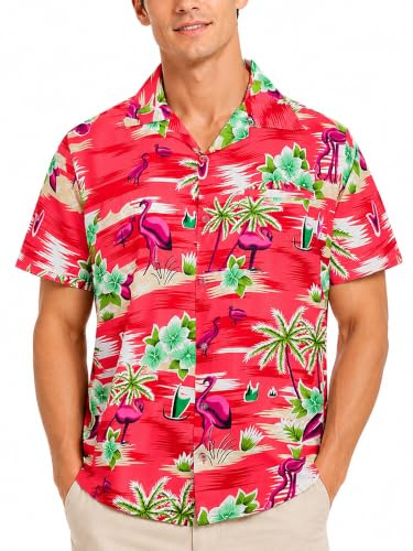 King Kameha Funky Hawaii Hemd Männer - Luftiges Hawaiihemd Herren Kurzarm, Flamingos, Rot, XL