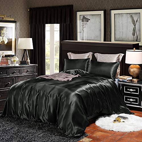 Loussiesd Hotel Black Comforter Cover King Silk Like Satin Bedding Set Summer Reversible Quilt Duvet Cover Honeymoon Sexy Luxury Soft Lightweight Brushed Bedspreads for Farmhouse Room Decor
