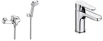 Roca A5A3125C00 A5A0125C02 Mezclador Monomando Baño-Ducha, Coleccion Victoria, Cromado + A5A6A09C00 A5A3K09C00 Mezclador Monomando Lavabo, Coleccion L20, Cuerpo Liso, Cold Start, Maneta XL, Cromo