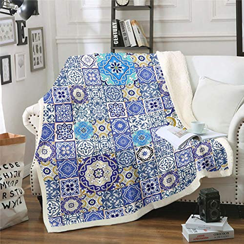 Tbrand Boho Mandala Wohndecke Wunderschönes buntes blaues Kuscheldecke Schickes Gitter Plaid Decke 150x200cm für Kinder Frauen Exotisch Blumendruck