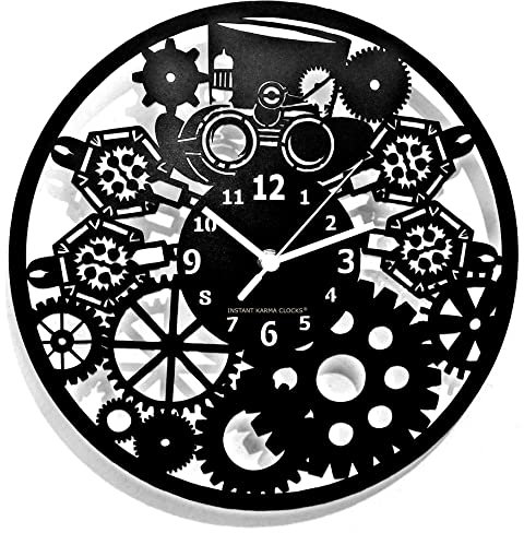 Instant Karma Clocks | Steampunk ➤ Wanduhr für Wohnzimmer, Küche, Schlafzimmer, Büro | Uhrräder | Mechanische Skelettuhr | Noiseless Leise Ohne Tickgeräusche | Industriedekor Für Wohnzimmer
