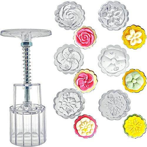 Sello para Galletas con Forma de Luna con 6 Flor Sellos Mooncake Mold Press Moldes de Prensa de Pastel de Luna Molde Mano Prensa para Hornear Galletas de Bricolaje