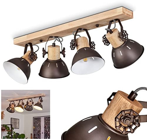 Deckenleuchte Orny, Deckenlampe im Vintage-Design aus Metall/Holz in Braun/Weiß/Natur, Retro-Leuchte mit Holzbalken, Textilkabeln und verstellbaren Strahlern, 4-flammig, E27-Fassung, ohne Leuchtmittel