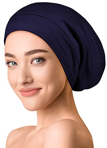 OLESILK Seide & Baumwolle Slouch Beanie Mütze Schlafhaube Seide Chemo Kopfbedeckung dünne leichte weiche Laufmütze Strickmütze Unisex Jersey Sommermütze verstellbar für Damen & Herren, Marineblau