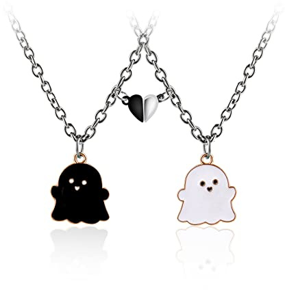 2Pcs Lovely Magnetic Love Heart Ghost Pendant Necklace Set for Women Men Best Friend Girl Boy Teen Enamel Mutual Attract Magnet Couple Matching Necklace Halloween Jewelry Birthday BFF Gift, Metal,
