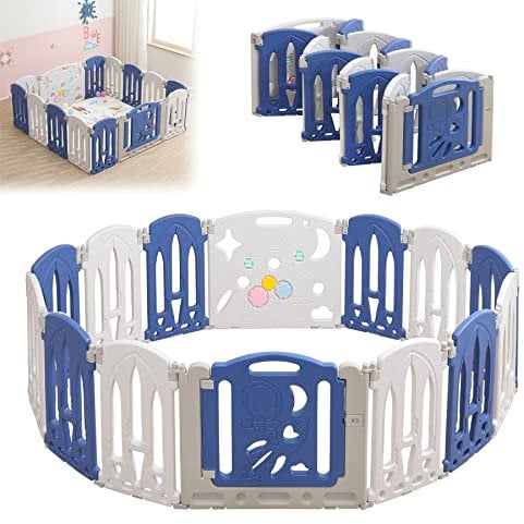 Froadp Laufstall Baby Laufgitter Faltbar Kinderzaun aus Kunststoff Spielzaun Groß Krabbelgitter mit Tür und Spielzeugboard Schutzgitter für Kinder Absperrgitter Sicherheitszaun (14 Paneele, Blau+Weiß)