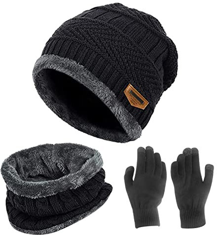 XTDMJ Wintermütze, Schal und Touchscreen Handschuhe Set - Warme Strickmütze 3-in-1 Winter-Set für Herren und Damen - Unisex für Outdoor Sport