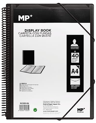 MP, Ordner mit 40 Taschen, Spiralbinder, Verschlussgummis, transparente Taschen, Schauordner, enthält einen Umschlagbinder mit Knopf, akademisch, Büro, schwarzer Ordner.