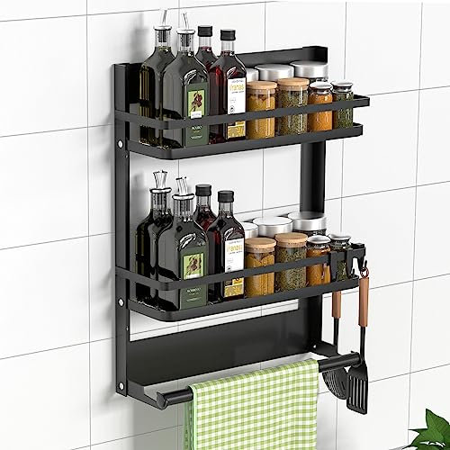 DUNSOO Porta Spezie per Cucina, Scaffale Portaspezie per Frigorifero con Porta Rotolo da Cucina e 4 Gancio, Mensola Cucina Salvaspazio per Corridoio, Bagno o Cucina, Forte e Bello, Pratico(nero)