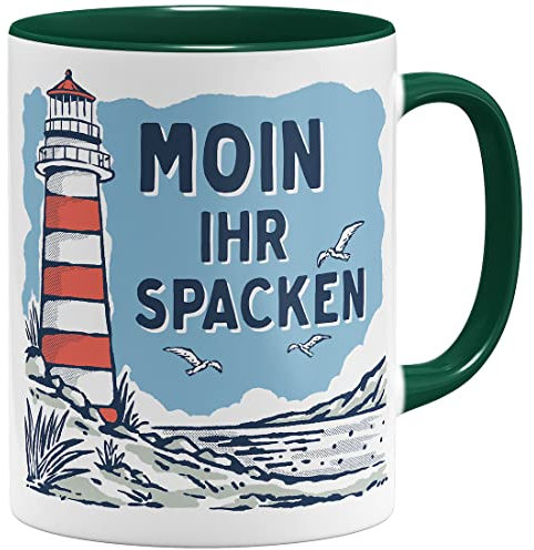 OM3® lustige Kaffee-Tasse mit Spruch - Moin Ihr Spacken - Slogan Leuchtturm Meer Küste - Keramik Becher - 11oz 325ml - Beidseitig Bedruckt - Grün