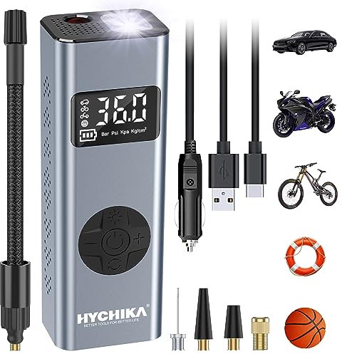 HYCHIKA Elektrische Luftpumpe Auto 12V 6000mAh, 150PSI Mini Akku Pumpe Fahrrad Kompressor mit LED-Licht für Auto Fahrrad Motorrad Bälle, AutoOff und Powerbank
