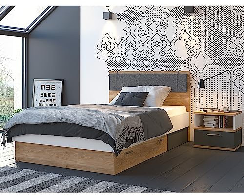 Lomadox Jugendzimmer Set 2-teilig mit Bett 120x200 cm und Nachttisch in Eiche Nb. mit weiß und grau