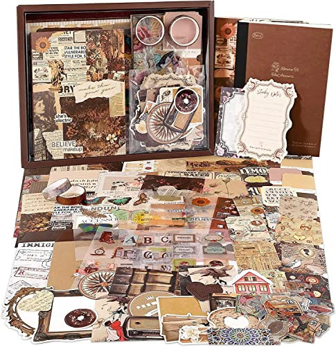 Irayin Vintage Scrapbook Zubehör Set, 136 Stück Bullet Journal Zubehör Set mit A6 Raster Notizbuch, Scrapbook Stickers, Reisebuch Geschenkset, DIY Geschenk fürMädchen Damen (Coco)