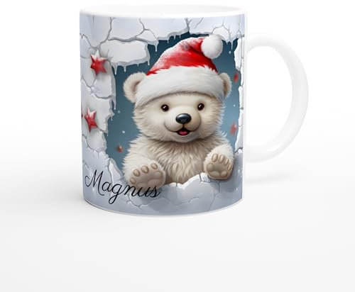 Weihnachten Tasse mit Namen, Weihnachtstasse, Kindertasse personalisiert, Kinderbecher spülmaschinenfest mikrowellenfest, 325 ml (Eisbär)