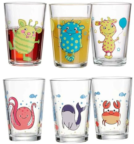 Ritzenhoff & Breker Juego de 6 vasos infantiles con diseño de animales y monstruos, 205 ml, aptos para lavavajillas
