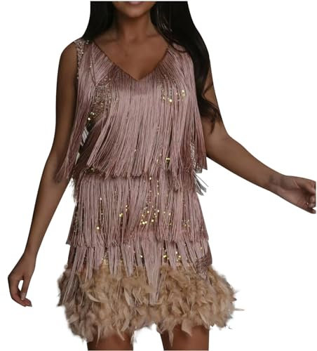 AMhomely Feather Dresses for Women UK Ladies Fringe Dresses Elegant Party Wrap Sexy Sparkling Flapper V Neck Bodycon Mini Night Out Spaghetti Sequin Glitter Rose Gold S