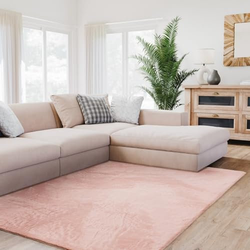 Interiyou Fargo - Teppich Wohnzimmer 140x200 cm Rosa - Kurzflor Waschbar und rutschfest - Flauschiger Fellteppich aus Kunstfell - weicher Langflor Fell