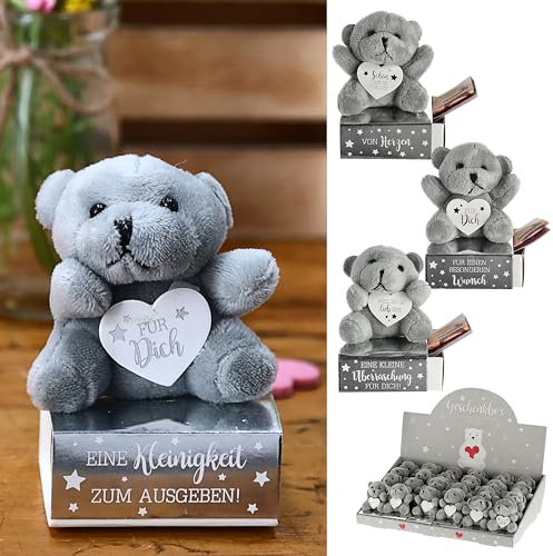 Geschenkbox Teddybär 24 Stück | Display 6x9cm Karton Plüsch | Verpackungsbox für Geldgeschenk mit Kuschelbär