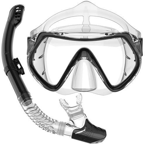 Masque Plongée Adulte, Masque de plongée Anti-buée Anti-Fuite,Lunettes de plongée panoramiques 180°, Ensembles de Tuba pour la plongée en apnée et la plongée. (Trans Black)